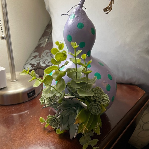 Hand crafted painted dried gourd planter purple aqua blue dots faux succulents - Picture 8 of 16